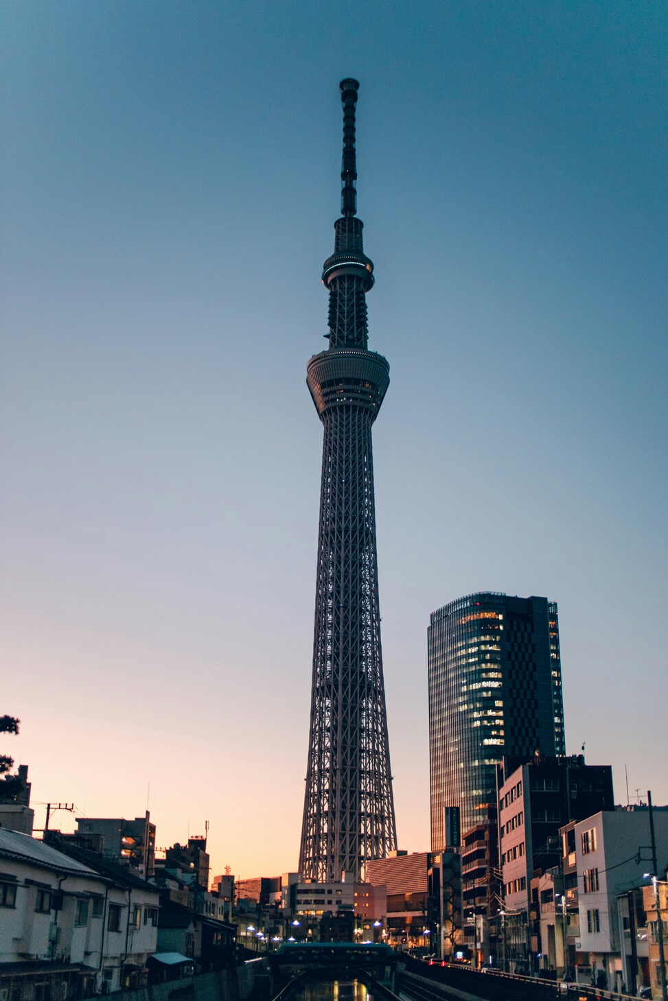 夕暮れの東京スカイツリーとスカイライン