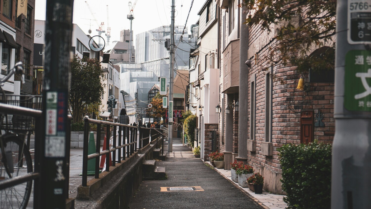 東京の静かな裏路地に並ぶ低層建築